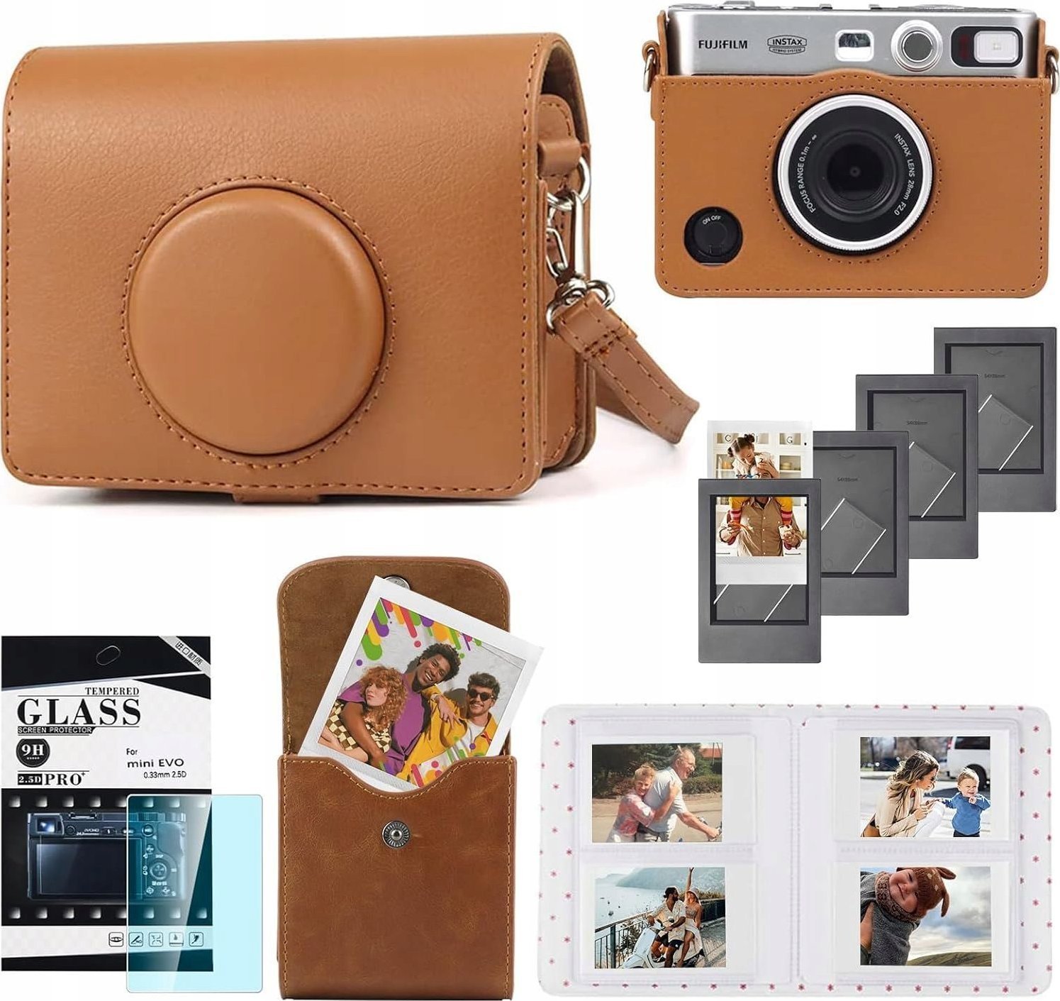 Zestaw 5w1 Futerał + Szkło + Album 64x + Etui Zdjęcia + Ramki Do Fuji Instax Mini Evo / Brązowy