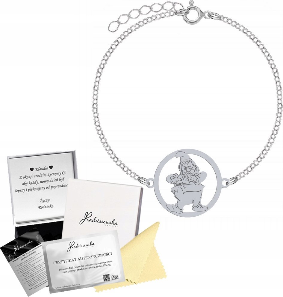 Radziszewska Jewellery Bransoletka Srebrna Krasnal Łańcuszek Biżuteria Prezent 925 GRAWER GRATIS