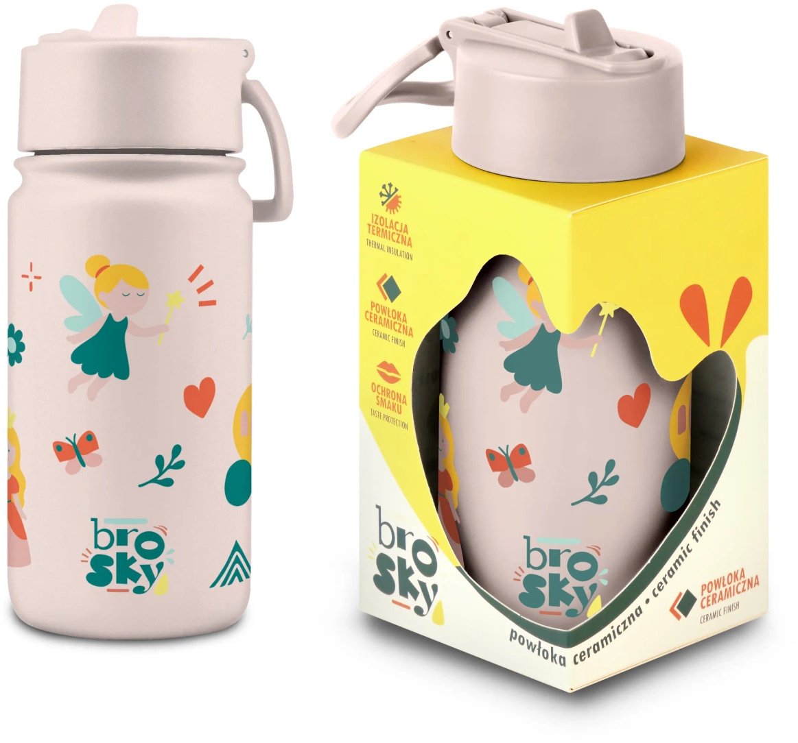 Brosky Różowa butelka na wodę dla dzieci z wróżkami i księżniczkami 450ml