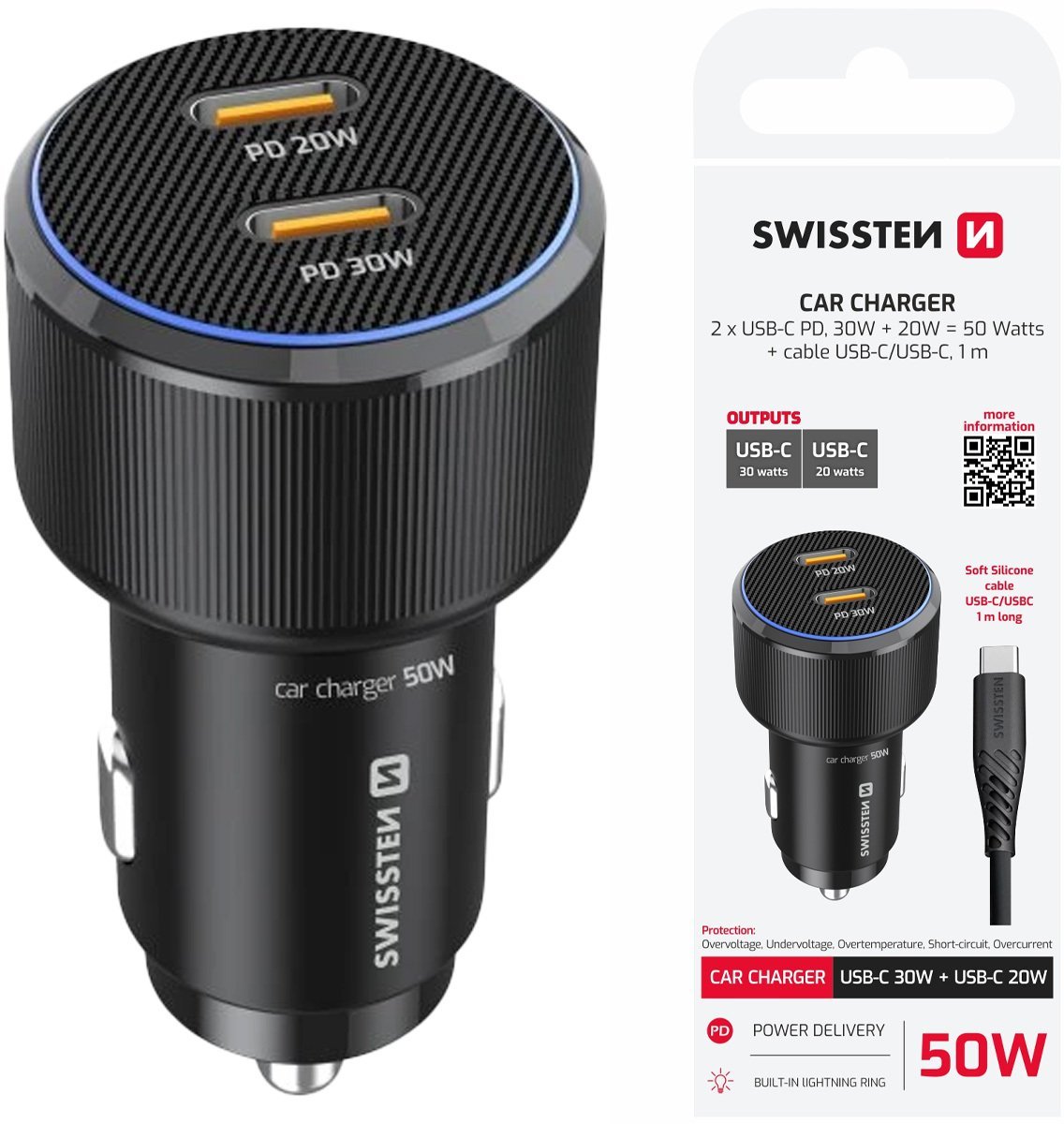 Ładowarka Swissten PD 2x USB-C Car Charger 50W with USB-C - USB-C Cable 1m