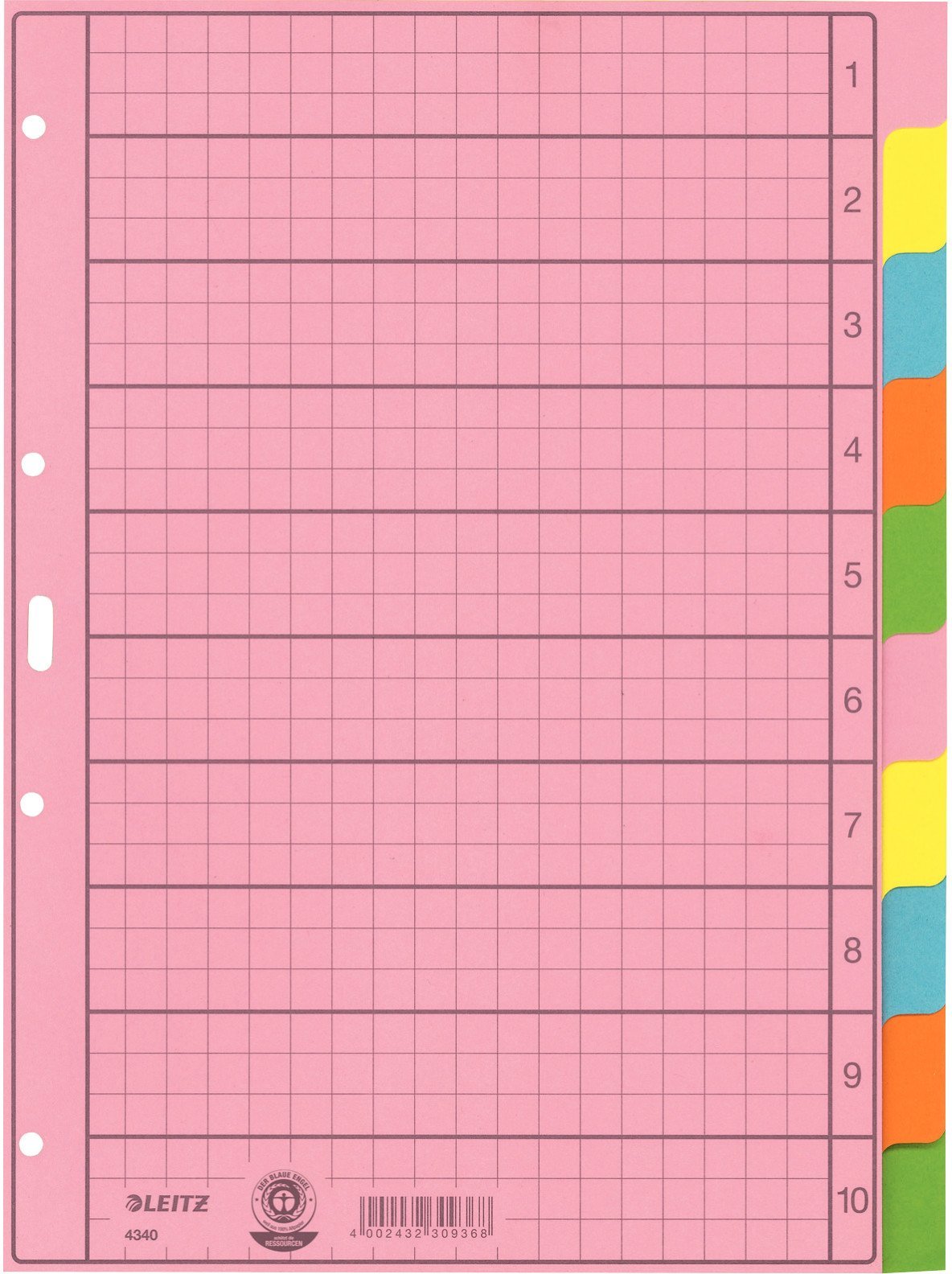 Leitz 43400000, Blank tab index, Paper, Multicolour, Portrait, A4, 130 g/m²