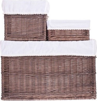 WickerPL Zestaw koszy w ciemnym kolorze obszytych białą tkaniną S 30x30 H15 M 30x30 H30 L 60x40 H40