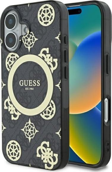 Guess GUHMP16SH4PYEEK iPhone 16 6.1" czarny/black hardcase IML Peony On 4G Background MagSafe
