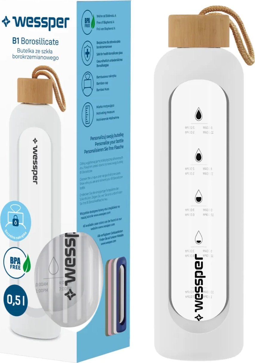 Wessper Wessper B1 Borosilicate 500 ml Szklana butelka na wodę z miarką motywacyjną z białym etui
