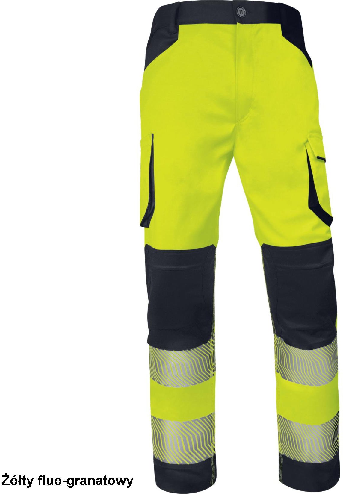 Spodnie Stretch robocze ostrzegawcze wiele kieszeni taśmy odblaskowe wysoka widoczność kieszenie nakolanniki pas - pomarańczowy fluo-granatowy 2XL