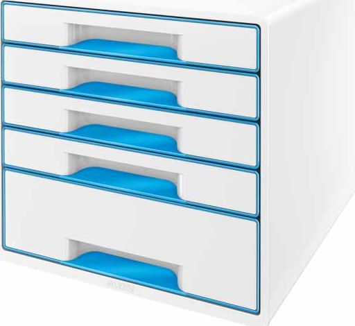 Leitz LEITZ CUBE WOW Schubladen Box perlweiss-blau mit 5 Schubladen. Robust und stabil in ansprechendem 2-farbigem WOW Design in Hochglanz - 52142036
