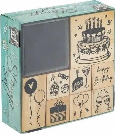 Pieczątki drewniane 8szt z kałamarzem