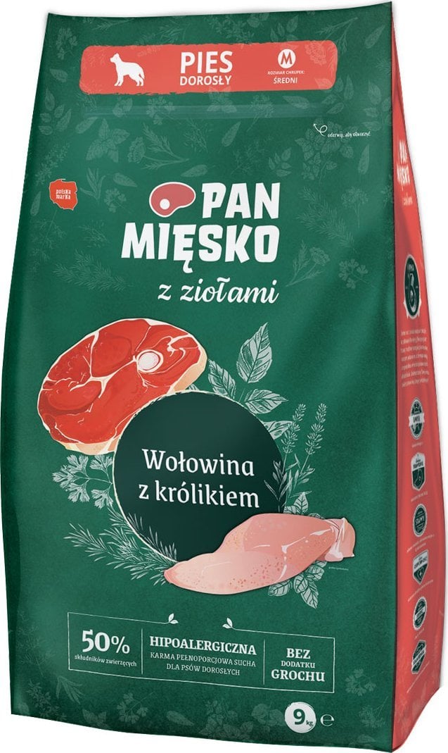Pan Mięsko Karma sucha dla psa z ziołami Wołowina z królikiem (dorosły) chrupki M 9kg