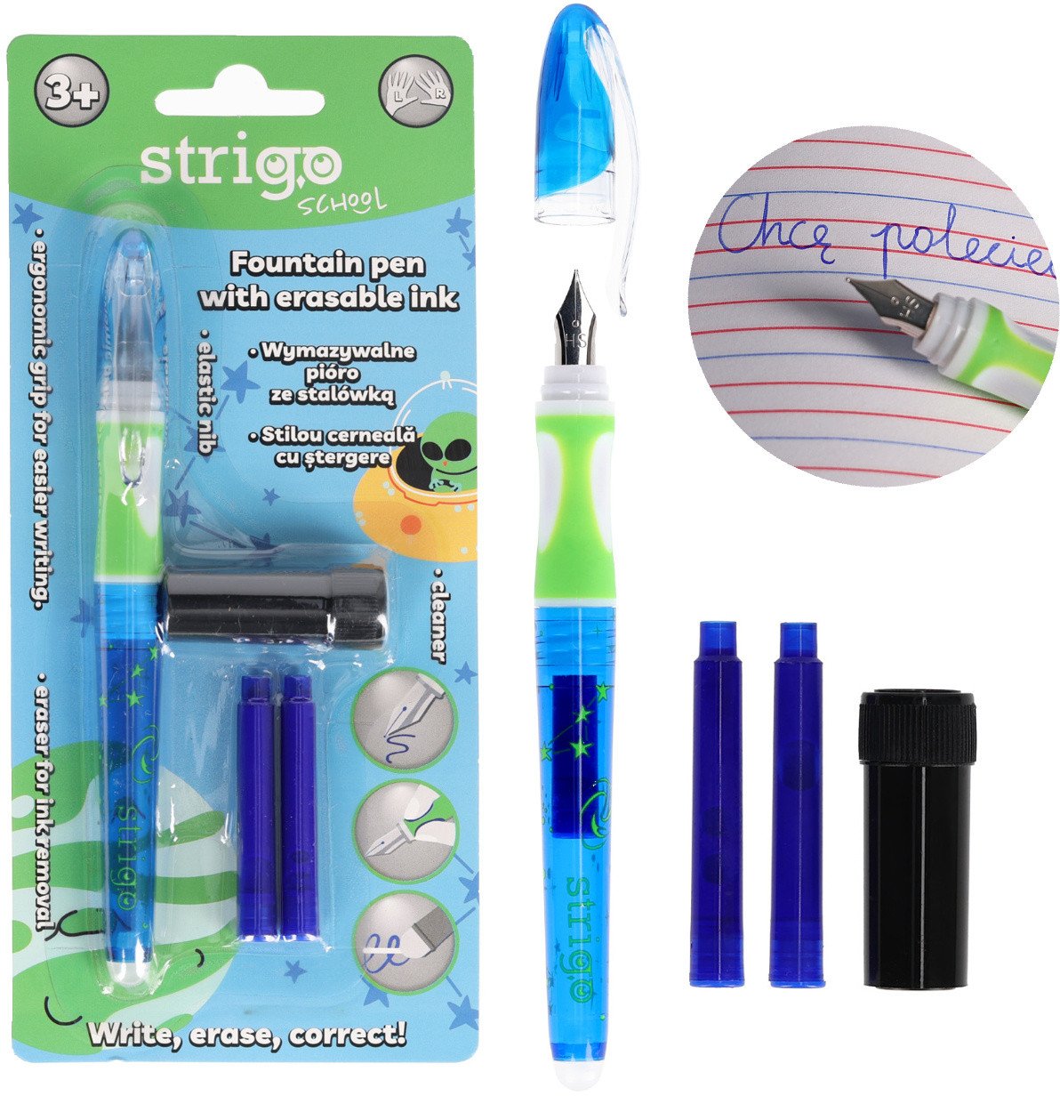 Pióro wieczne ścieralne wymazywalne z stalówką nauki pisania Kosmos STRIGO