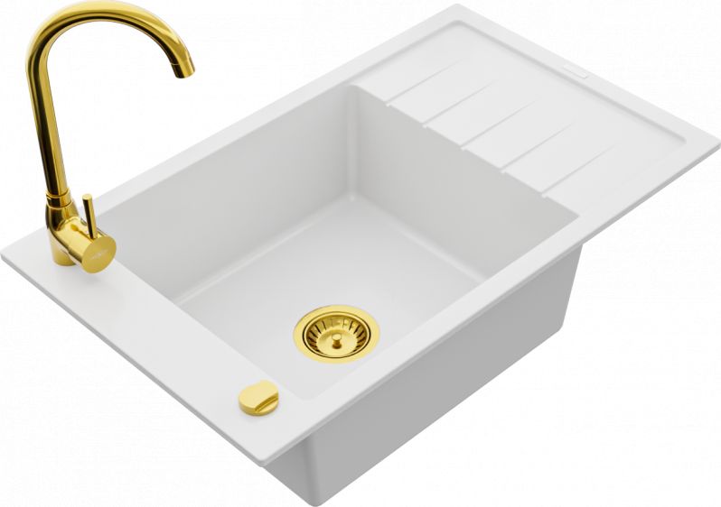 Zlewozmywak Mexen Mexen Elias zlewozmywak granitowy 1-komorowy z ociekaczem i baterią kuchenną Telma, biały - 6511-20-670200-50