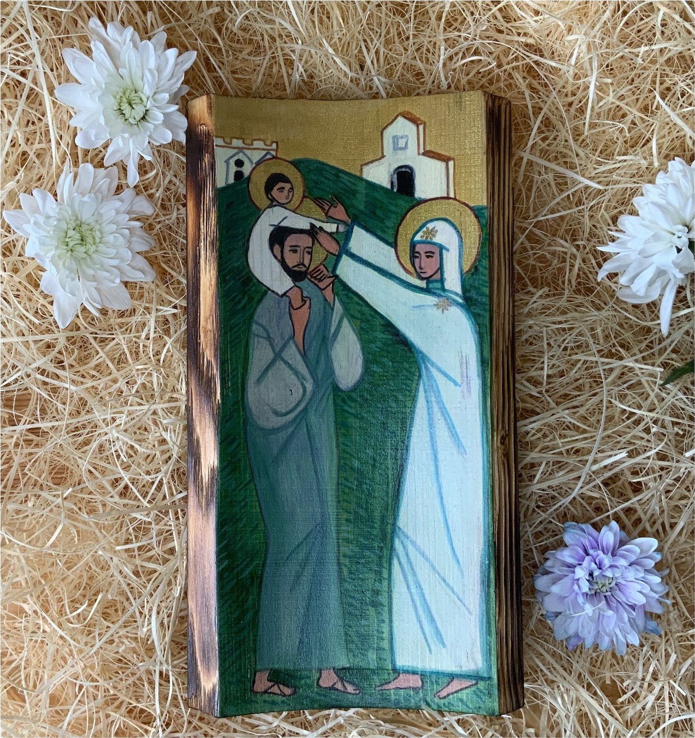 ŚW. RODZINA MALOWANA NA OPALONYM DREWNIE