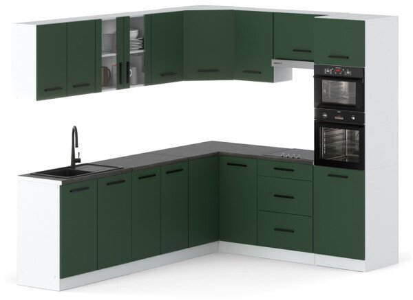 Kuchnia Modułowa Z Blatem Pojemna Duża Narożna 4.6m Biała Butelkowa Zieleń