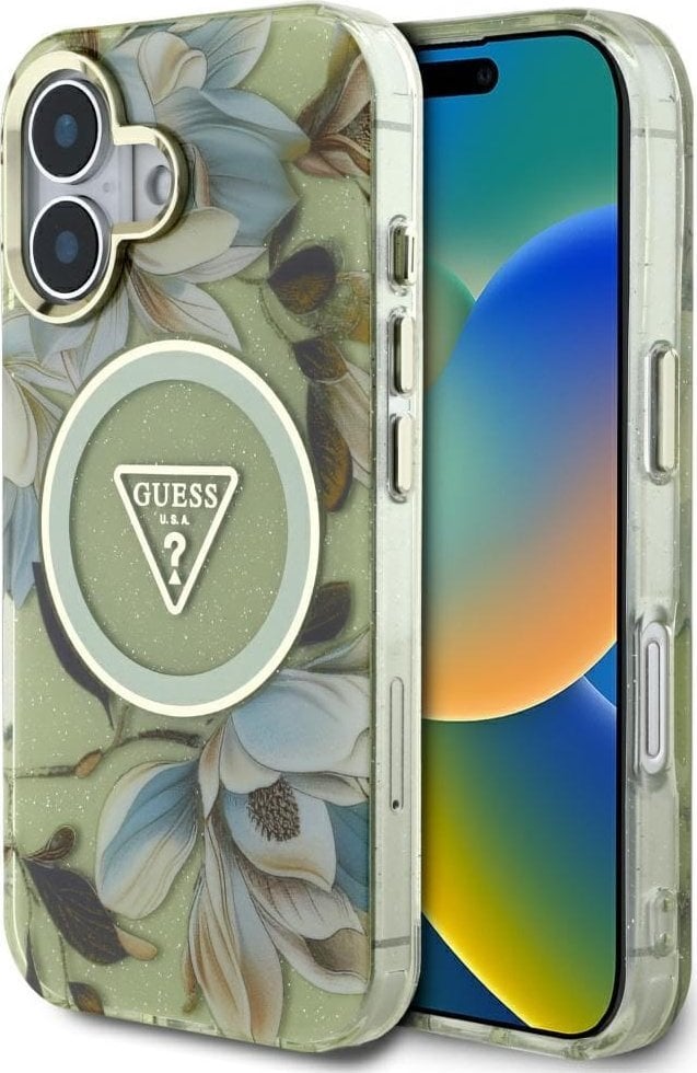 Etui Guess Glitter Flowers Triangle Buttons MagSafe do iPhone 16 zielony
