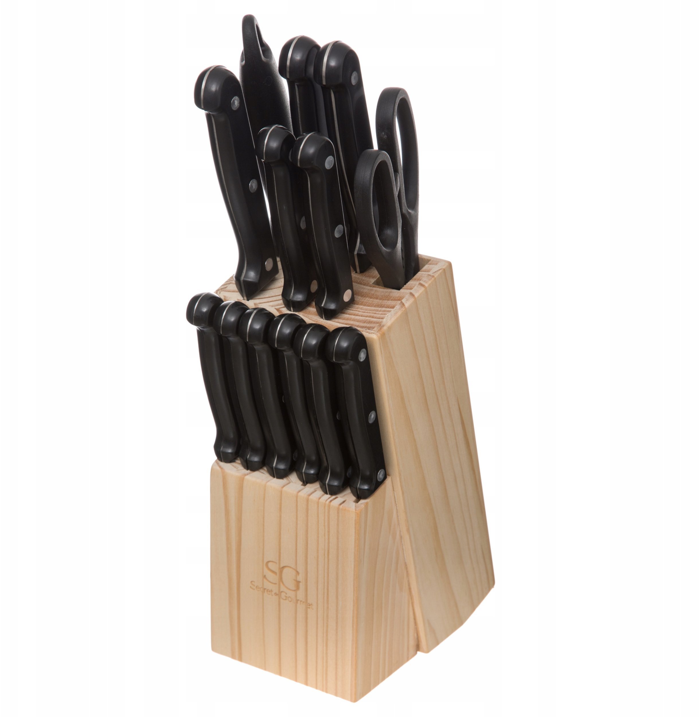 Blok z nożami i ostrzałką drewniany, 13 elementów w komplecie