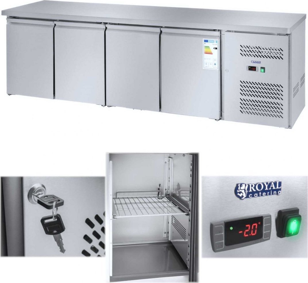 Royal Catering Stół chłodniczy 4-drzwiowy z blatem roboczym ze stali nierdzewnej od -2 do 8C 450L