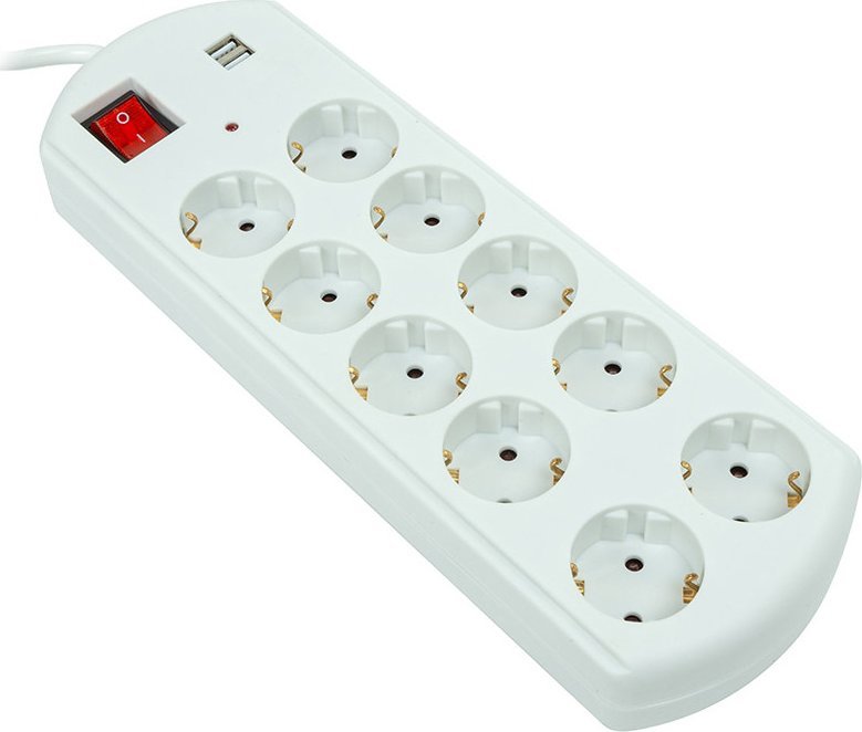 EXD Buitinis ilgiklis 5m, 10 lizdų, 2x USB, su jungikliu