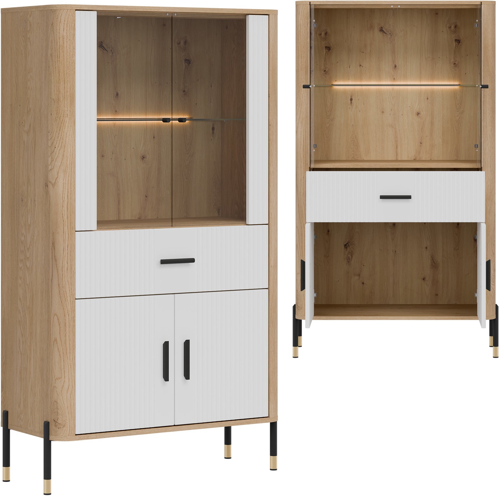 Witryna niska z szufladą Szafka przeszklona Dąb Biały Czarny DANTE DT12