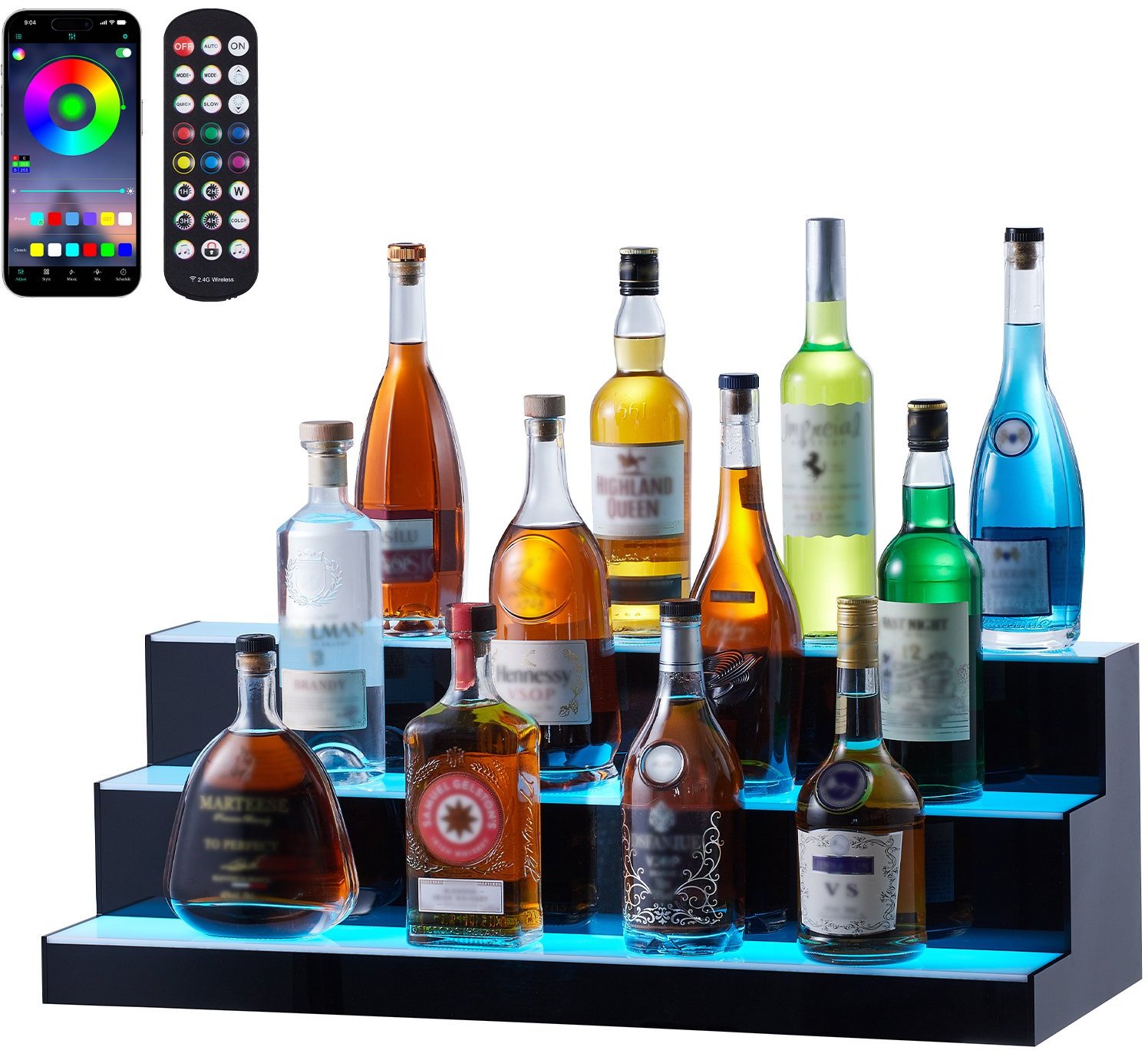 Podświetlana półka na alkohol 76cm sterowanie RF/aplikacja 3-poziomy bar