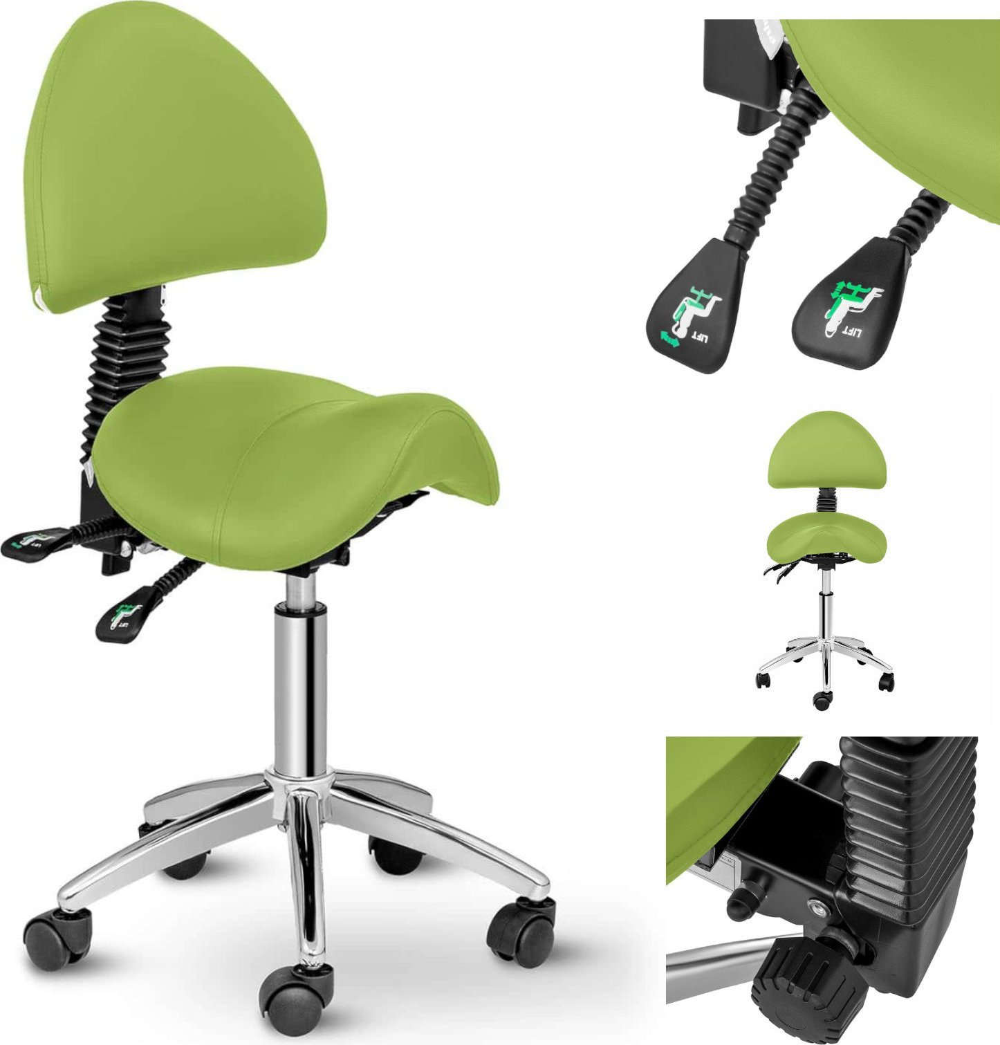 Physa Krzesło kosmetyczne siodłowe z oparciem obrotowe regulowane BERLIN - zielone Krzesło kosmetyczne siodłowe z oparciem obrotowe regulowane BERLIN