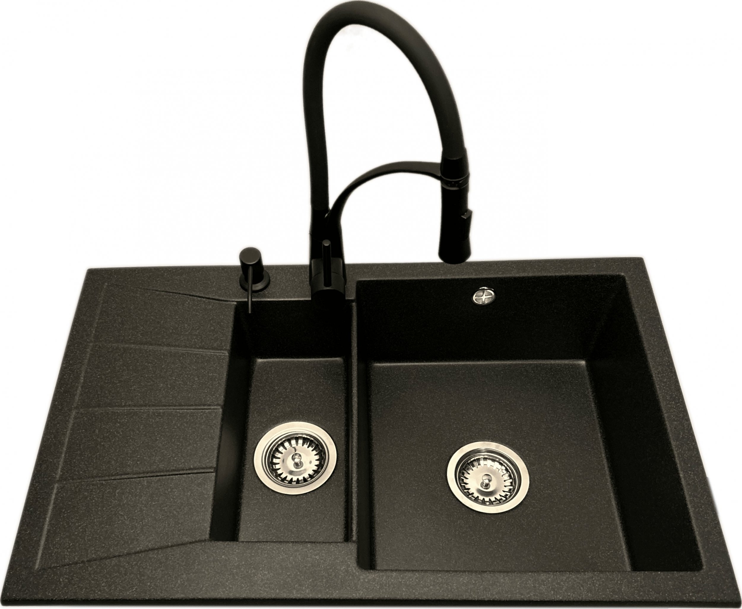 Zlewozmywak PREHNIT Zlewozmywak 1,5 komorowy z ociekaczem MILOS grafit z lewym ociekaczem + bateria NEXO + dozownik