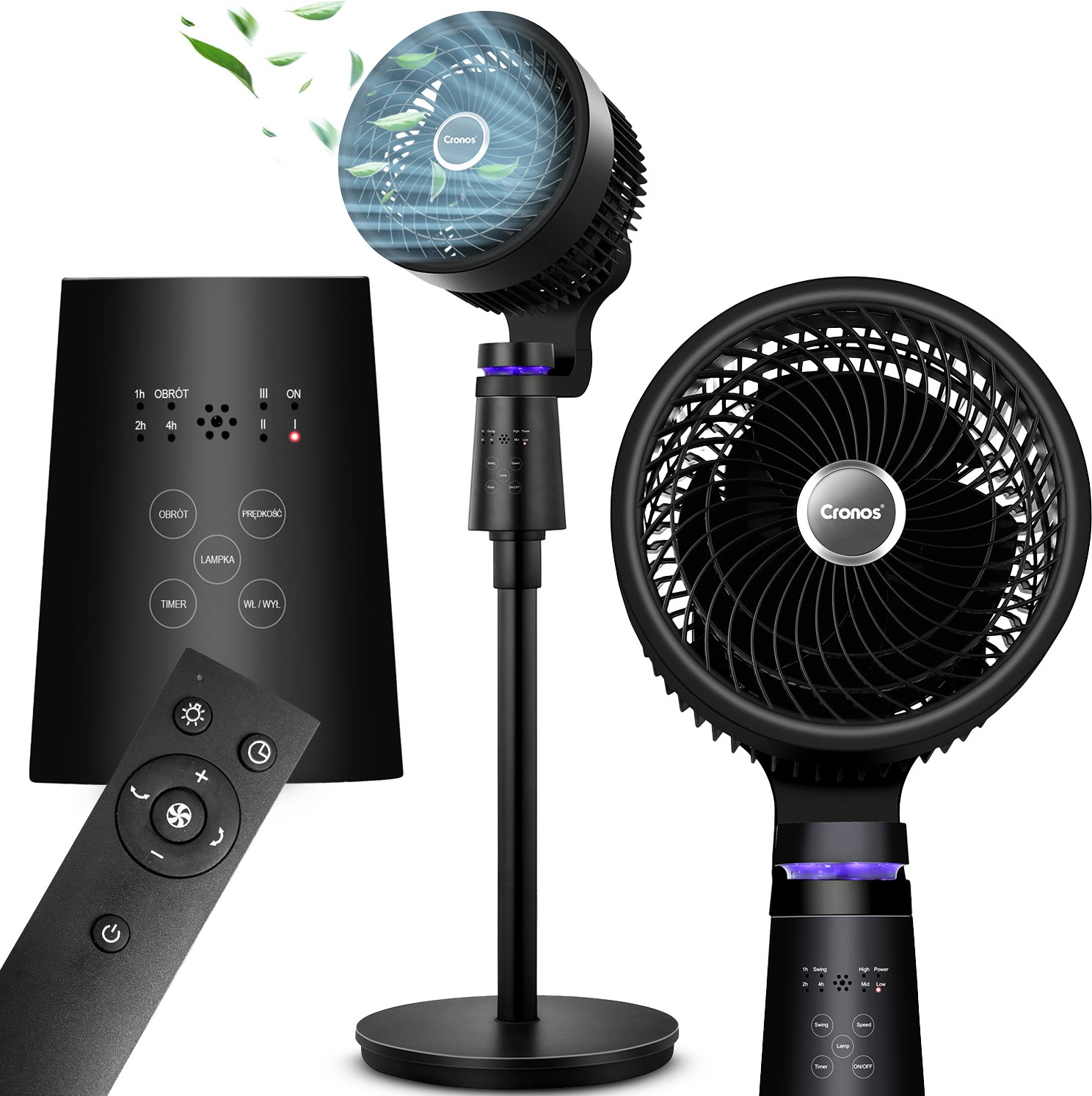 Wentylator stojący wiatrak podłogowy cichy 3 tryby Cronos BL-XHS-3D Czarny