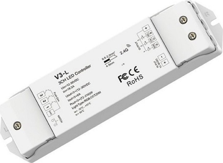 SKYDANCE V3-L nuolatinės įtampos RGB valdiklis, 12-48V, 3x 6A, Push Dimm