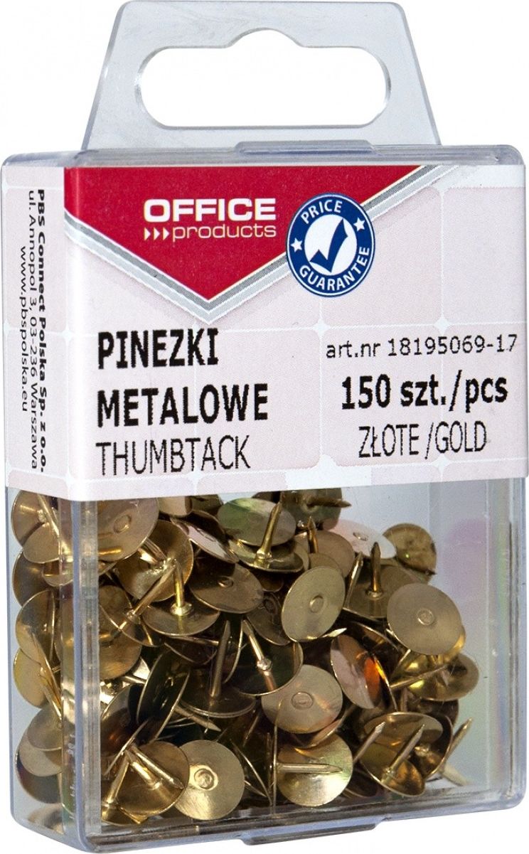 Office Products Pinezki metalowe OFFICE PRODUCTS, w pudełku, 150 szt., złote