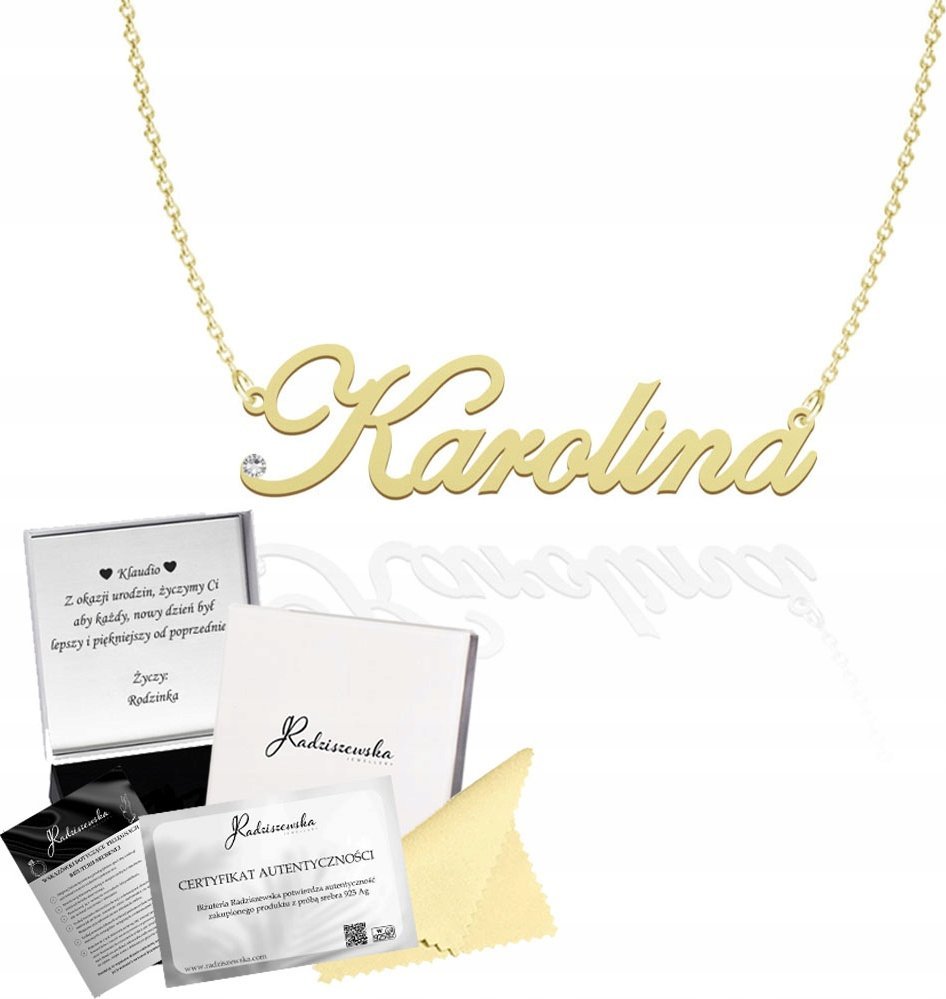 Radziszewska Jewellery Złoty Naszyjnik z Imieniem Karolina Łańcuszek SREBRO 925 DEDYKACJA GRATIS