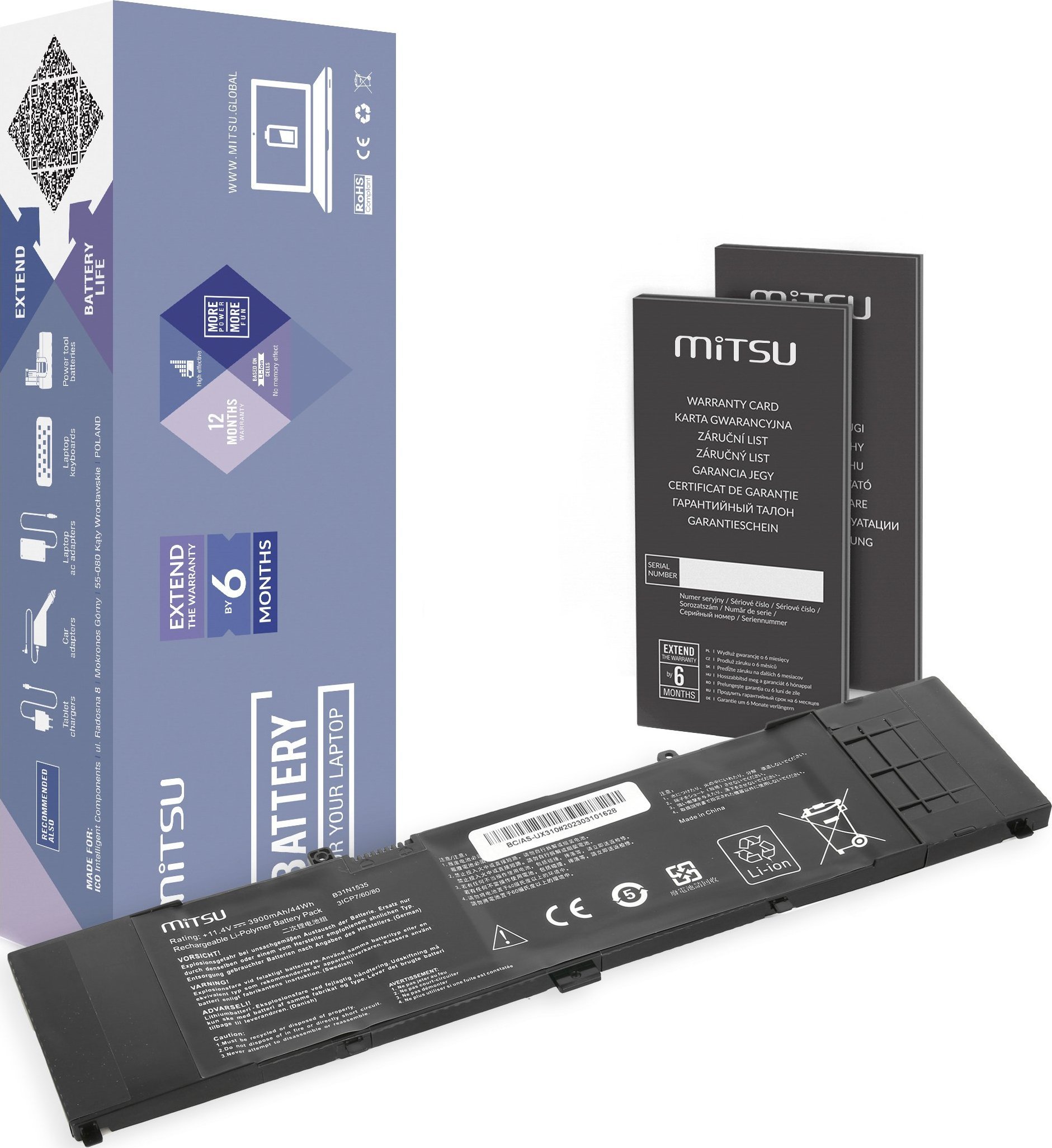 Bateria Mitsu Bateria B31N1535 do Asus Zenbook UX310UA UX410UA