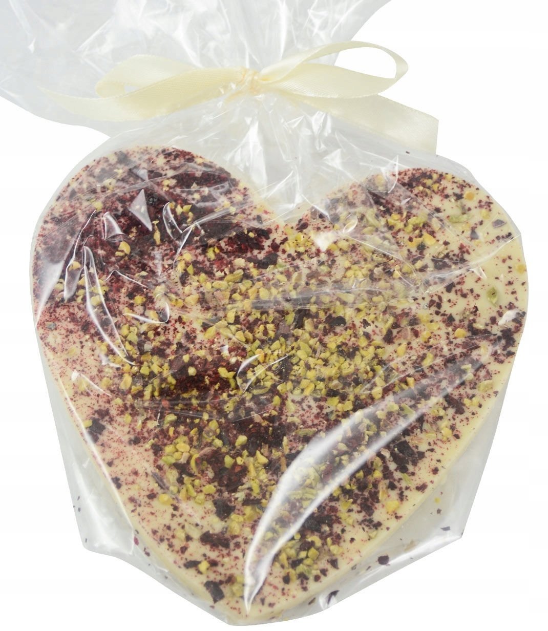M.Pelczar Chocolatier Serce z białej czekolady dekorowane wiśniami i pistacjami 130g