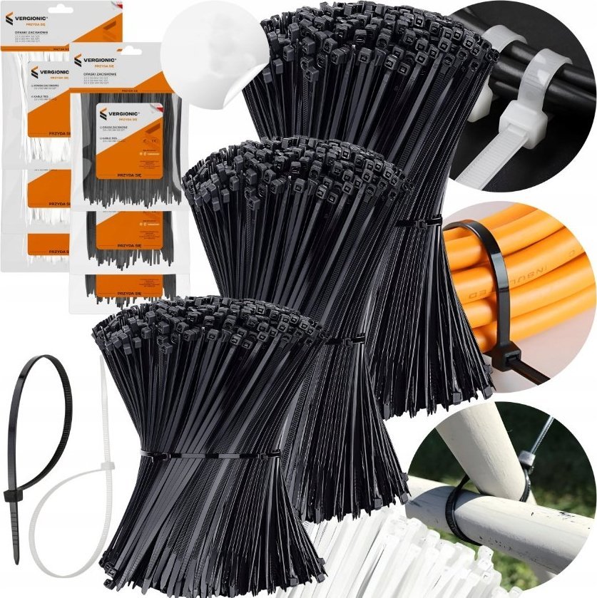 Organizer VERGIONIC ZESTAW OPASEK ZACISKOWYCH KABLOWYCH TRYTYTKI ZIPERKI MOCNE UV MIX 300szt