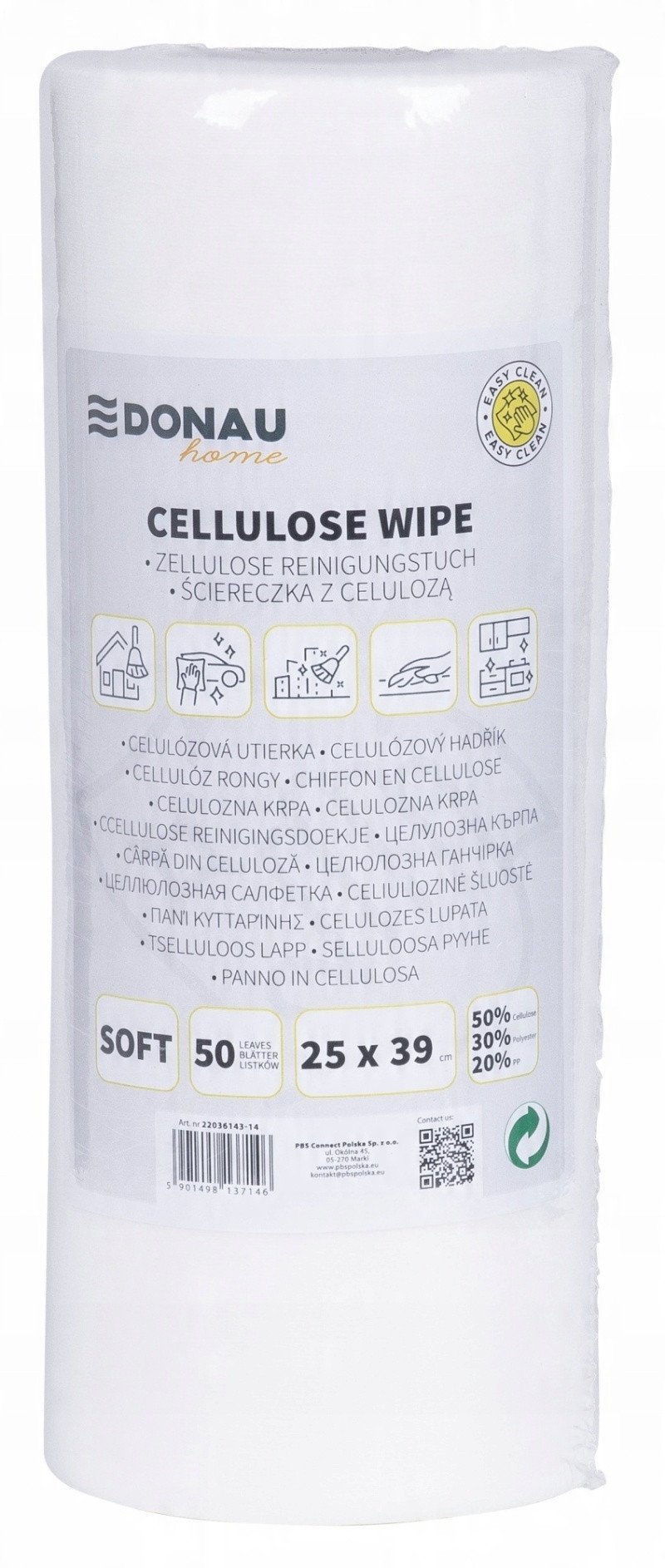 Ścierka DONAU HOME, z celulozą 50%, rolka, soft, 25x39cm, 50 listków, biała