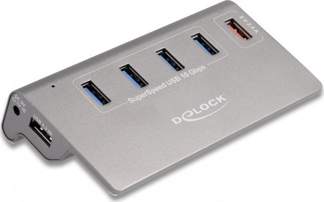 HUB USB Delock DeLOCK USB 10 Gbps hub with 4 USB Type-A ports + 1 quick charging port, USB hub (grey, incl. power supply)