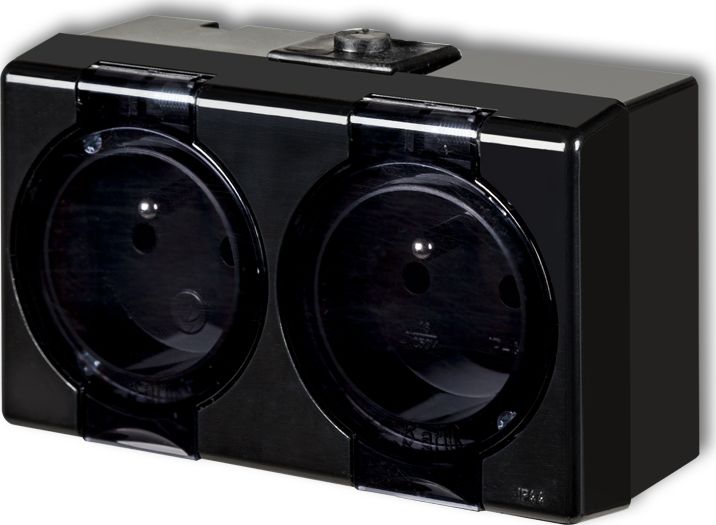 Karlik SENIOR Gniazdo podwójne z uziemieniem 2x(2P+Z) (klapka dymna) czarny 12GHS-2nd