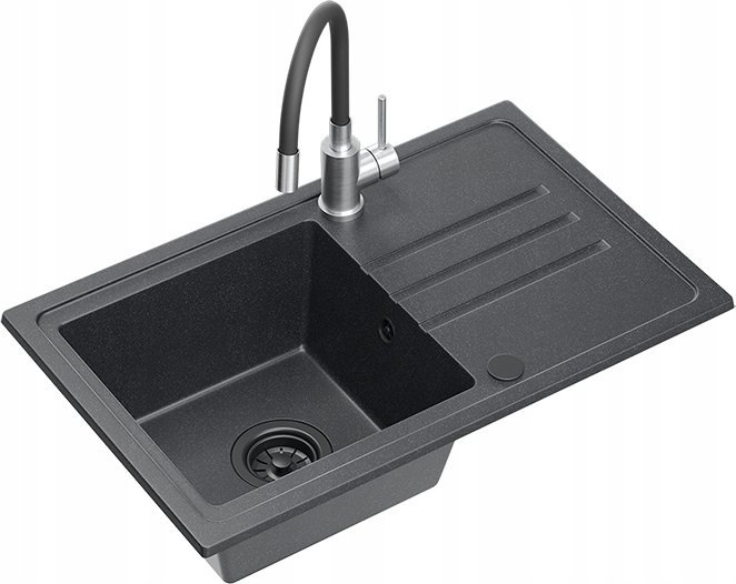 Zlewozmywak BEN 111 zlewozmywak granitowy black dotted 70x44 z czarną baterią z elastyczną wylewką, z czarnym syfonem i czarną zaślepką