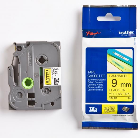 Brother Taśma do drukarek etykiet czarny druk / żółty podkład laminowane 9mm x 8m (TZE621)