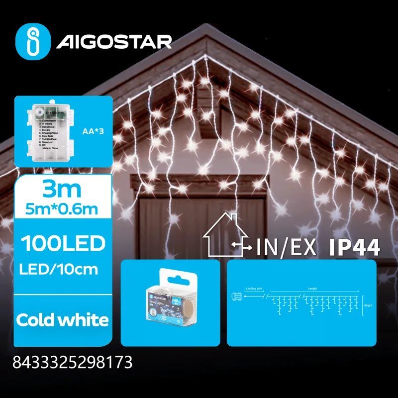 Lampki choinkowe Aigostar Lampki choinkowe sople fala na 3 baterie AA, Zimna biel, 5m * Płaska taśma świetlna sople fala na 3 baterie AA, Zimna biel,