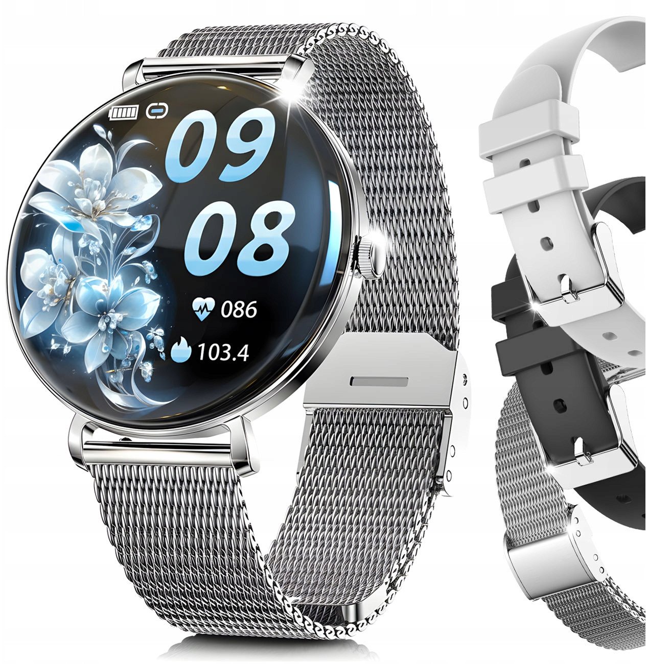 SMARTWATCH DAMSKI ZEGAREK SMART WATCH ROZMOWY MENU POLSKIE ZDROWIE 3 PASKI