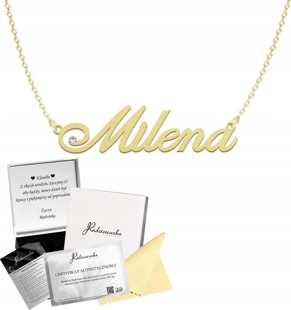 Radziszewska Jewellery ZŁOTY NASZYJNIK Z IMIENIEM MILENA ŁAŃCUSZEK SREBRO 925 PREZENT DEDYKACJA