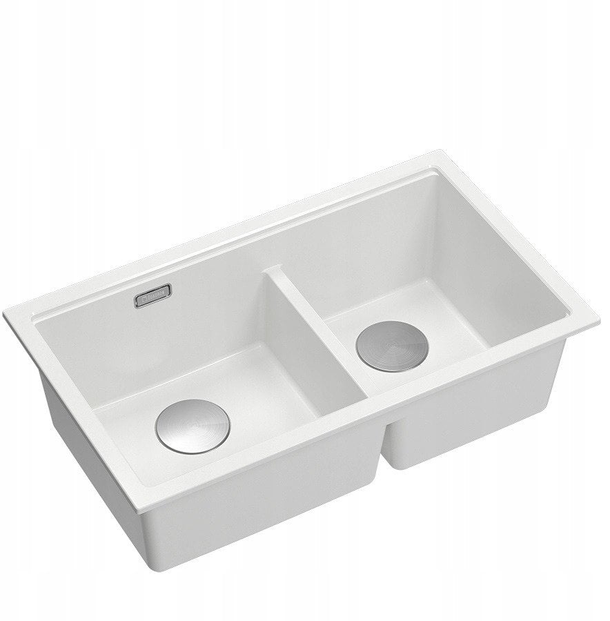 QUADRON | LOGAN 120 | granitowy zlewozmywak kuchenny SNOW WHITE + STAL | wymiar: 76 x 45 x 23,5 cm | 2-komorowy podwieszany | podbudowa szafki od: 80