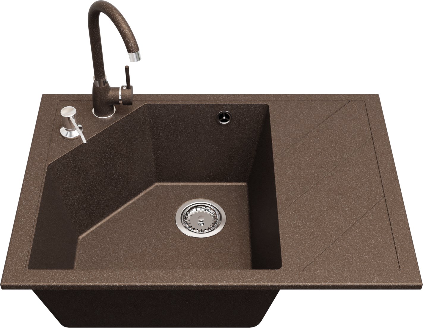 Zlewozmywak jednokomorowy z ociekaczem LUBA brąz metalik + bateria NOON + dozownik