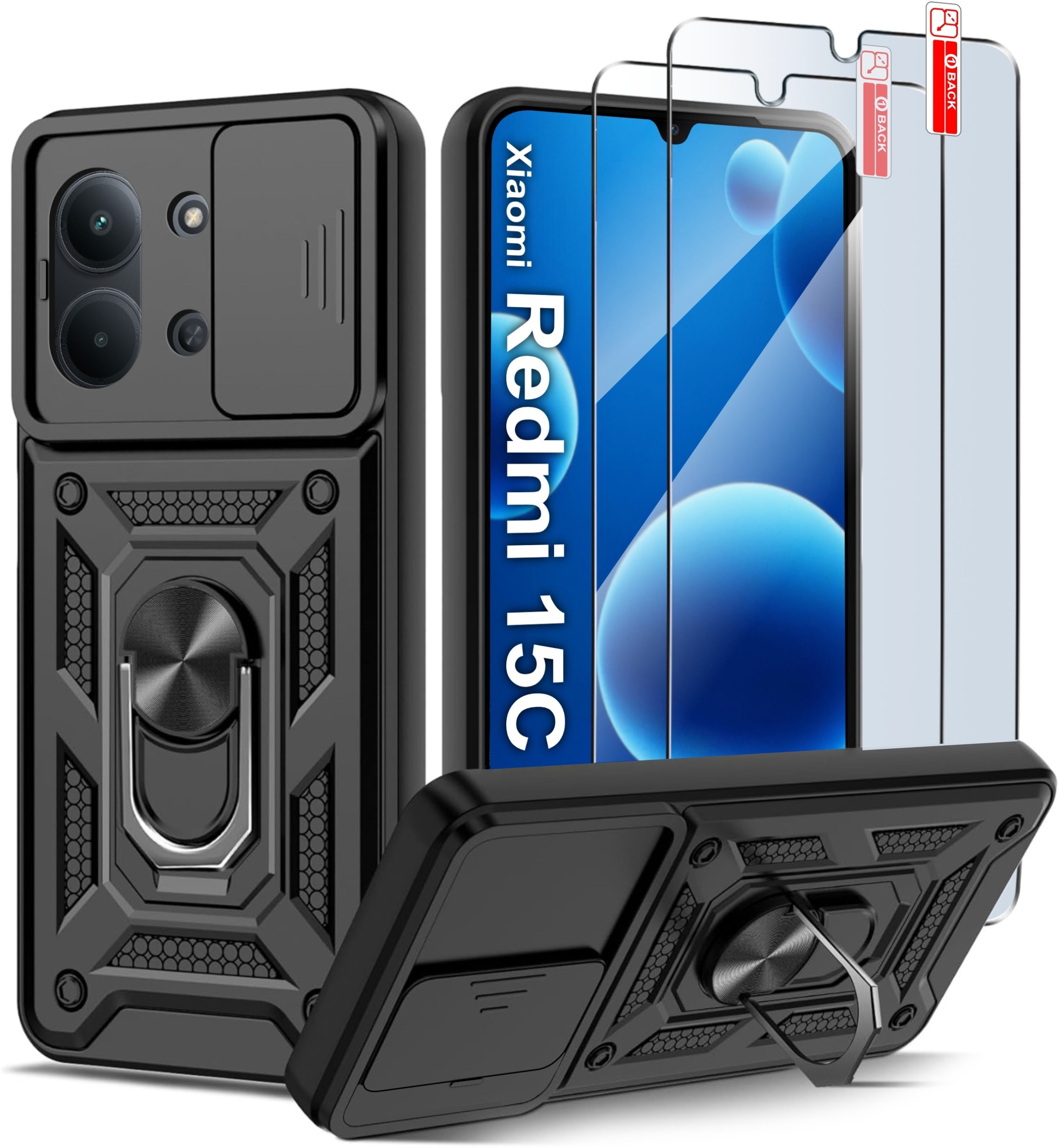 Etui Pancerne CZARNE SLIDE do Xiaomi Redmi 15C 5G WZMACNIANE + 2x Szkło 9H