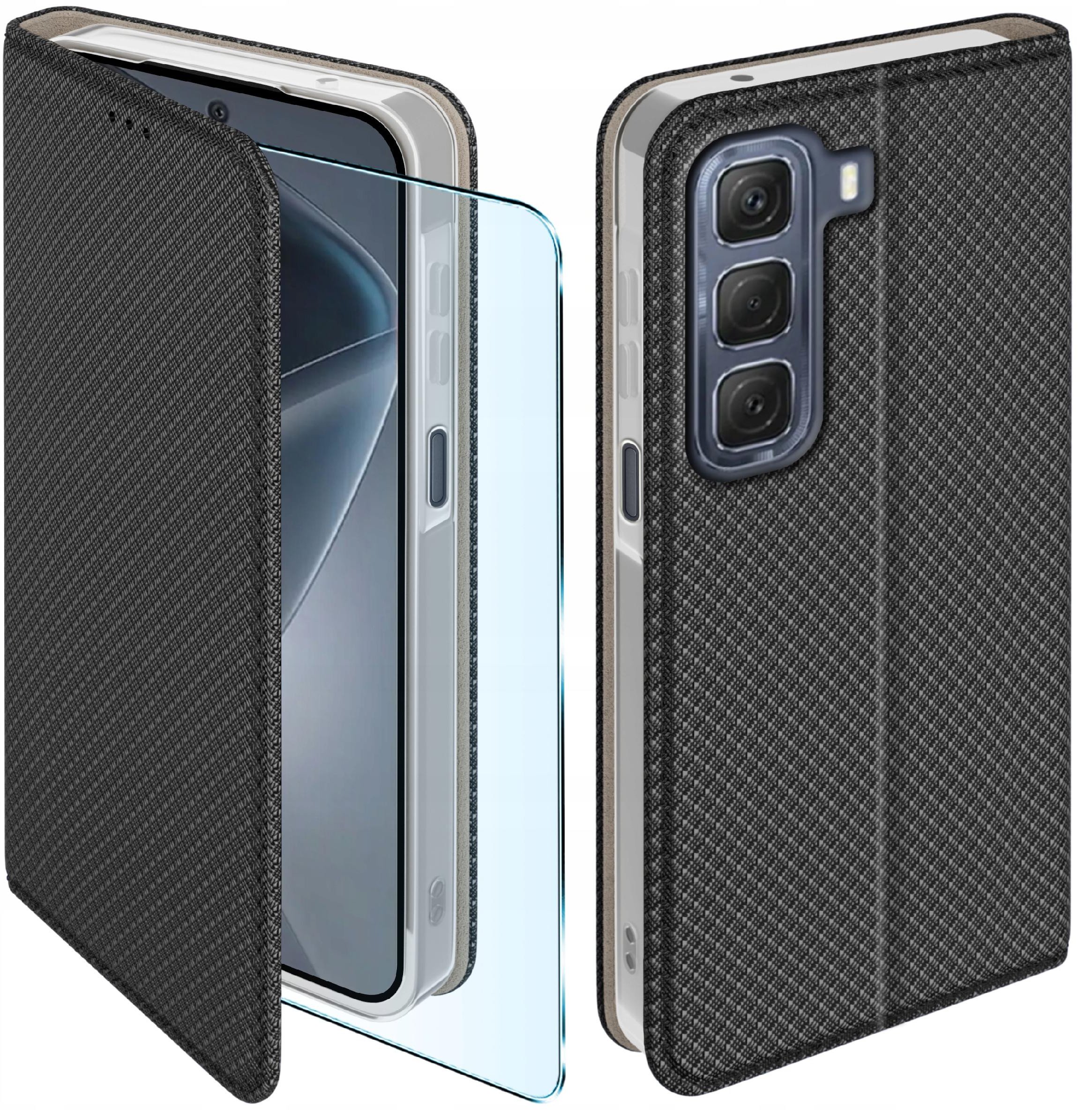 Etui z klapką do Infinix HOT 50 4G Zamykane Czarne Futerał + Szkło 9H