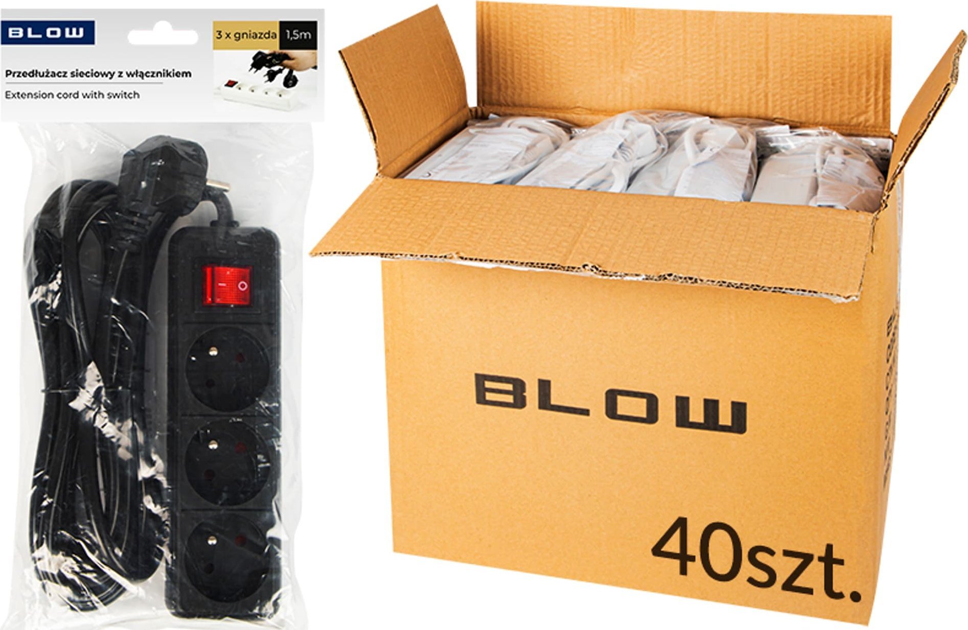 Blow 98-570# Przedłużacz sieciowy pr-370wsp 3-gniazda z uziemieniem + wyłacznik 1,5m czarny 3x1,5mm opakowanie
