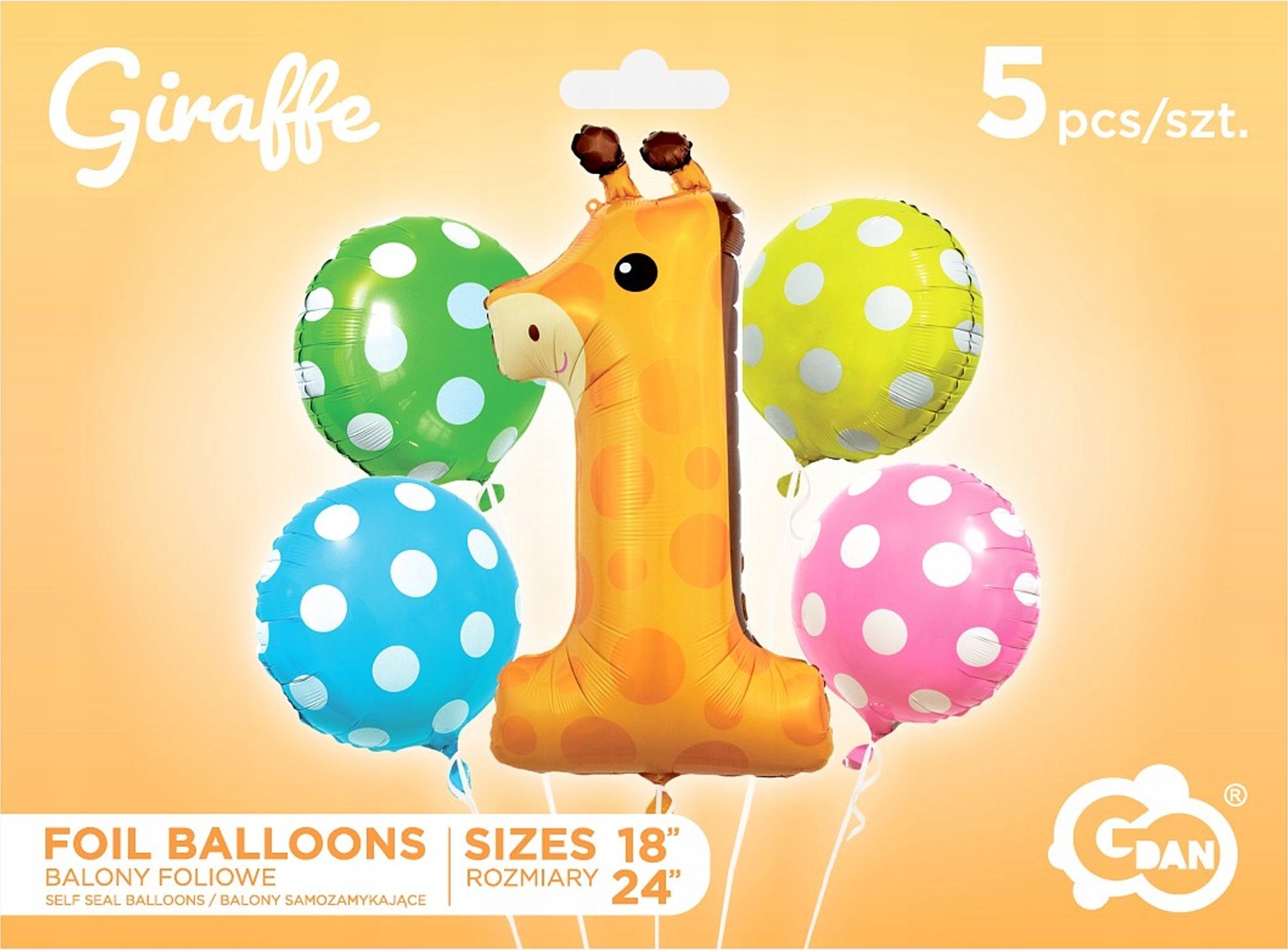 GoDan Balony foliowe-zestaw Żyrafa cyfra 1, 5szt BZ-HZR1