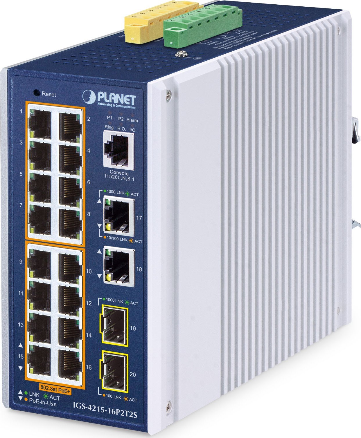 PLANET IP30 Industrial L2/L4 16-Port Zarządzany L2/L4 Gigabit Ethernet (10/100/1000) Obsługa PoE Aluminium, Niebieski