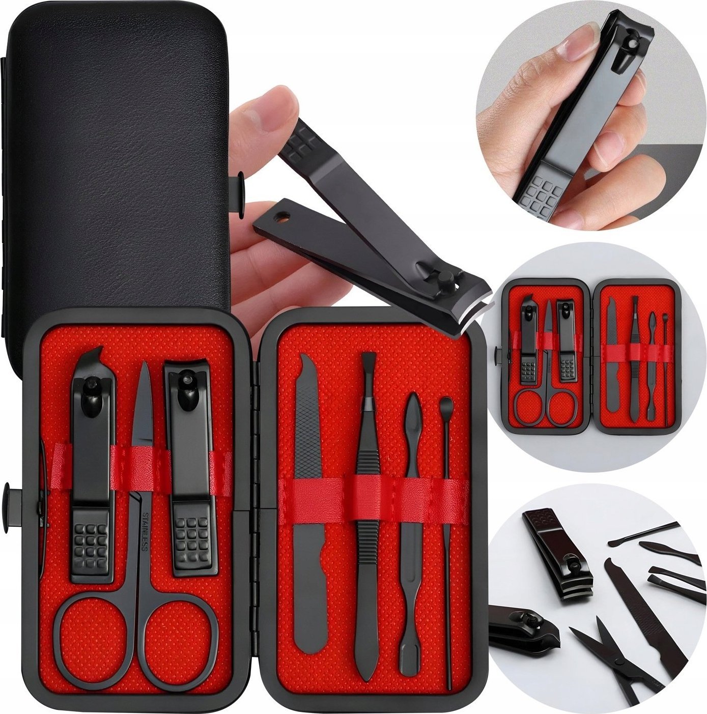 VERGIONIC ZESTAW DO PEDICURE MANICURE PAZNOKCI 8 EL ETUI PILNIK PĘSETA CĄŻKI NOŻYCZKI