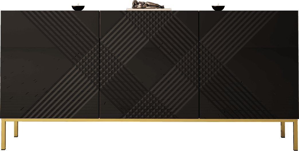 MEGSTYL KOMODA 160CM Z 3 DRZWICZKAMI NA ZŁOTYCH NÓŻKACH - EXITO 2 Czarny mat - Czarny połysk