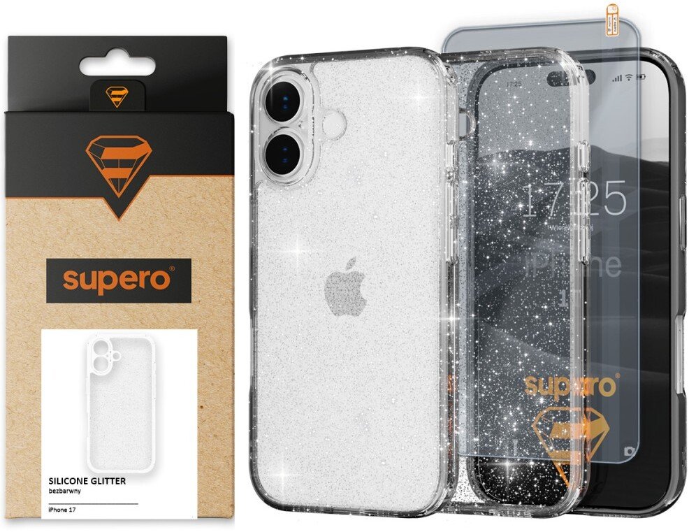 SUPERO Etui silikonowe brokatowe do iPhone 17, przezroczyste + szkło