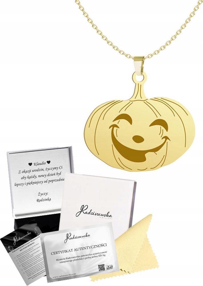 Radziszewska Jewellery Złoty Naszyjnik Dynia na Halloween Łańcuszek Srebro 925 Prezent Grawer
